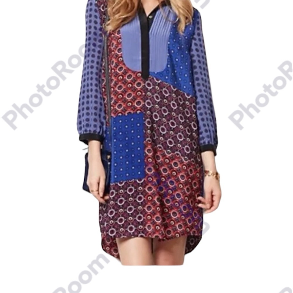 Moulinette Soeurs Anthropologie 100% Silk Foulard Patchwork Shirt Dress Size XS